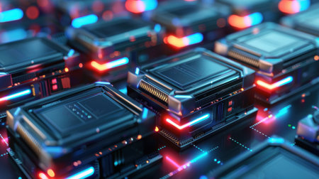 A mesmerizing futuristic scene featuring server components with vibrant neon lights. This image highlights digital technology in a sleek, abstract layout.の素材