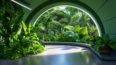 This captivating indoor garden features a lush array of vibrant green plants, bathed in warm sunlight through a large curved window, creating a serene oasis.の素材