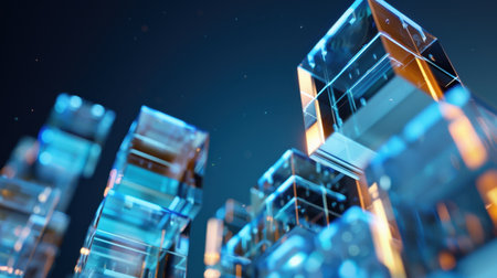 A stunning 3D rendering featuring intricate transparent glass cubes set against a dark background, reflecting light and creating an immersive visual experience for design and technology themes.の素材