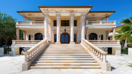 A stunning luxury mansion showcases its impressive entrance with grand pillars and steps, set against a clear blue sky and lush greenery.の素材