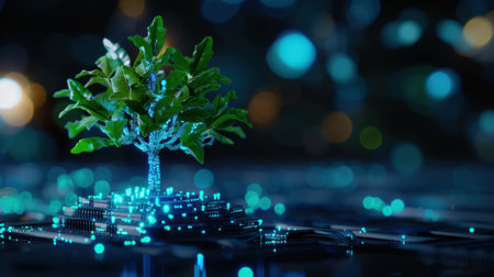 A captivating image of a tree growing on a circuit board, surrounded by glowing lights. The contrast of nature and technology symbolizes innovation and growth in a digital landscape.の素材