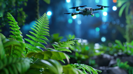 A captivating drone flies gracefully above vibrant green ferns in a mysterious forest, illuminated by soft blue lights, showcasing the harmony of technology and nature.の素材