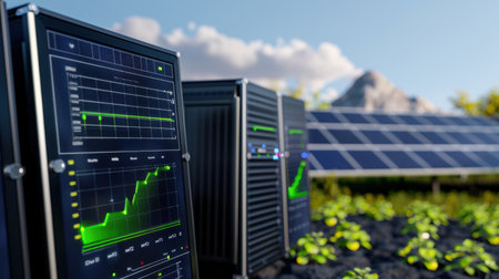 A vibrant landscape showcasing modern solar technology in agriculture. Graphs and data visualizations highlight energy performance and sustainability in farming.の素材
