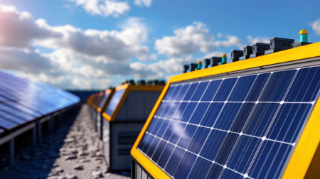 An array of solar panels installed on a roof catches sunlight under a bright sky filled with clouds, highlighting renewable energy technology and sustainability.の素材