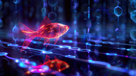 A mesmerizing digital fish gracefully swims through an abstract neon environment filled with glowing effects and colorful reflections, creating a vibrant visual experience.の素材