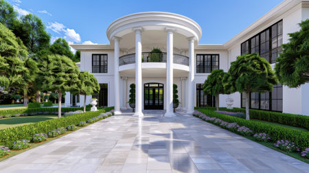 A stunning exterior view of an elegant mansion featuring grand columns, well-manicured gardens, and vibrant landscaping under a sunny blue sky.の素材