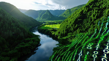 A serene landscape featuring a river winding through lush green mountains, enhanced with a digital binary code overlay to symbolize technological transformation.の素材