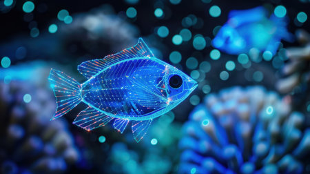 A stunning digital illustration of a fish gliding through an abstract underwater scene, enhanced with vibrant bokeh effects and illuminated patterns.の素材