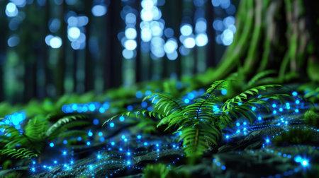Explore a mesmerizing scene of glowing ferns adorned with sparkling lights in a tranquil forest. The enchanting ambiance creates a dreamlike atmosphere.の素材