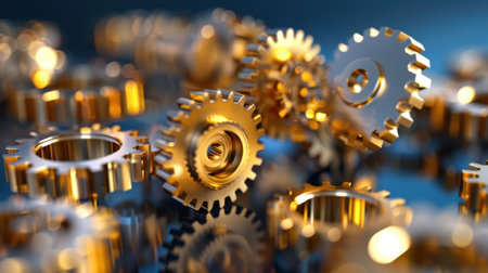 Explore the intricate beauty of golden gears scattered across a reflective blue surface, perfect for industrial, mechanical, and artistic projects.の素材