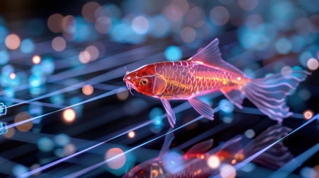 A mesmerizing koi fish glides through ethereal light, surrounded by a vibrant digital landscape, characterized by stunning bokeh effects and a serene atmosphere.の素材