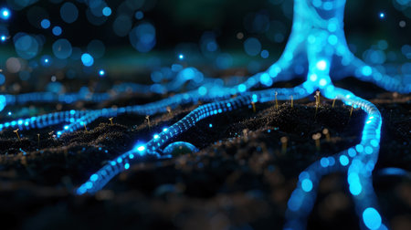 A captivating scene showcasing illuminated roots intertwined with glowing blue particles on dark soil, creating a stunning and surreal environmental concept.の素材