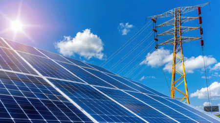 A vibrant scene showcasing solar panels reflecting sunlight, with an electricity tower standing tall against a clear blue sky, symbolizing renewable energy and sustainability.の素材