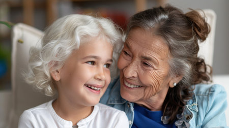 A heartwarming scene captures the special bond between a grandmother and her granddaughter, radiating joy and love in a cozy indoor environment.の素材