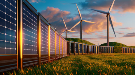 This captivating image showcases a renewable energy landscape featuring solar panels and wind turbines under a stunning sunset, highlighting sustainability and technology.の素材