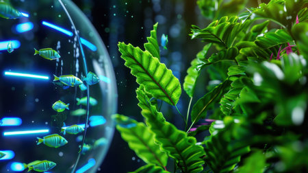 This stunning underwater scene showcases vibrant green plants and colorful fish swimming in a bubble habitat, radiating peace and beauty.の素材