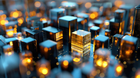 This captivating abstract cityscape features a collection of glowing buildings against a blurred backdrop, creating a sense of depth and wonder in a futuristic setting.の素材