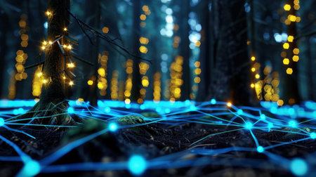 A mesmerizing view of an enchanted forest adorned with glowing blue lights on the ground and dreamy bokeh in the background, creating a tranquil atmosphere.の素材