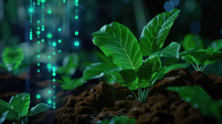 This image showcases vibrant green leaves emerging from rich soil, surrounded by ethereal glowing elements, symbolizing a fusion of nature and technology.の素材