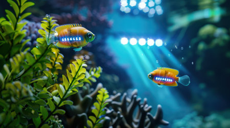 Discover a stunning underwater scene featuring colorful fish swimming among vibrant coral and lush greenery, illuminated by soft, enchanting lights.の素材