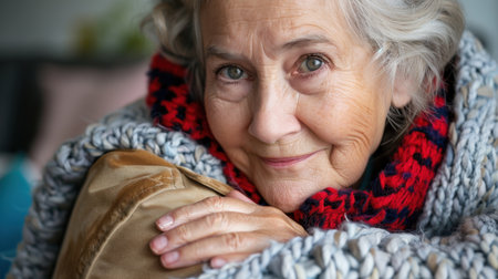 A charming elderly woman smiles gently while wrapped in a cozy knitted scarf. Her warm expression captures the beauty of aging gracefully at home.の素材