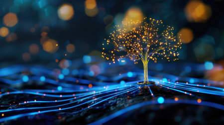 A mesmerizing and colorful depiction of a glowing tree surrounded by colorful light streams against a dark background. Perfect for conveying themes of nature, technology, and creativity.の素材