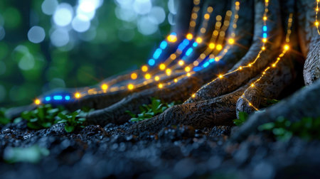 A mesmerizing scene featuring glowing tree roots adorned with lights in a tranquil forest setting under soft bokeh illumination at twilight.の素材