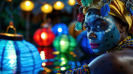 A captivating portrait of a woman adorned with intricate face paint, framed by vibrant lanterns, creating a mystical ambiance perfect for cultural celebrations.の素材