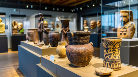 A captivating display of ethnic artifacts showcasing the rich history and creativity of diverse cultures through ceramics and wooden sculptures.の素材
