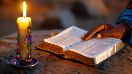 A serene scene featuring a hand gently resting on an open Bible beside a softly glowing candle. This captures a moment of contemplation and faith.の素材