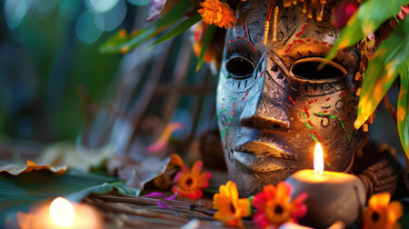 Immerse in the rich cultural heritage with this striking tribal mask adorned with flowers and candles, symbolizing tradition and spirituality in nature.の素材