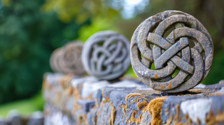 Explore unique stone designs showcasing intricate Celtic knot patterns on a picturesque wall. The serene natural backdrop enhances the artistic craftsmanship.の素材