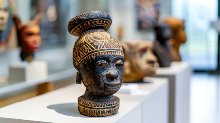 This captivating photograph showcases an intricately carved African tribal sculpture displayed in a modern art gallery, highlighting traditional craftsmanship and cultural significance.の素材
