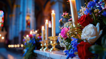 A stunning display of artful flower arrangements and flickering candles on an altar in a church, creating a peaceful and divine atmosphere for prayer.の素材