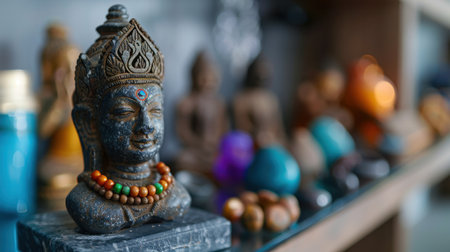 A close-up image of a serene Buddha statue adorned with colorful beads, beautifully displayed among other decorative artifacts, evoking a sense of peace and tranquility.の素材