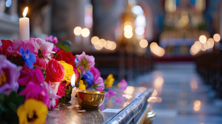 The image showcases a beautiful arrangement of colorful flowers and candles placed on a church altar, creating a serene atmosphere. Soft bokeh enhances the tranquil setting.の素材
