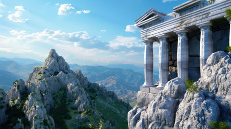 Explore the breathtaking view of ancient temple ruins perched on a rocky peak, with stunning mountains and a brilliant blue sky, evoking a sense of wonder and history.の素材