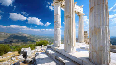 Explore the stunning ancient temple ruins, featuring majestic columns that stand against a bright blue sky and lush greenery of the valley below.の素材