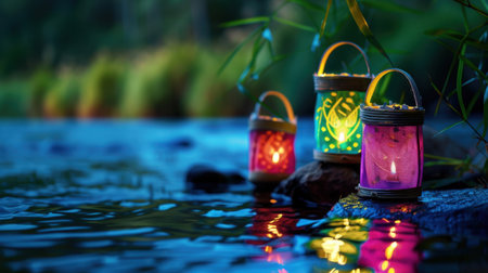 Three colorful lanterns sit along the edge of a tranquil river, casting a warm glow in the evening light, enhancing the natural beauty and serenity of the scene.の素材