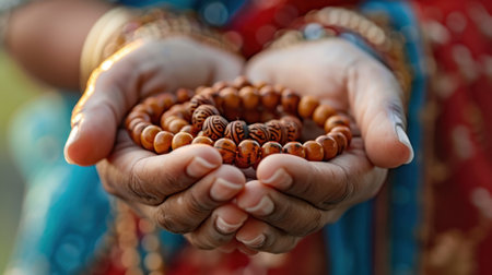 A captivating close-up of hands gently holding an array of beautifully crafted wooden beads, perfect for showcasing spirituality and culture.の素材