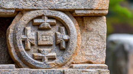 This captivating image showcases an intricate stone carving with a symbolic design, highlighting the artistry and ancient craftsmanship in a serene natural setting.の素材