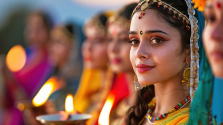 A beautiful young woman dressed in traditional attire holds a glowing diya, surrounded by a vibrant group during a cultural festival celebration at dusk.の素材
