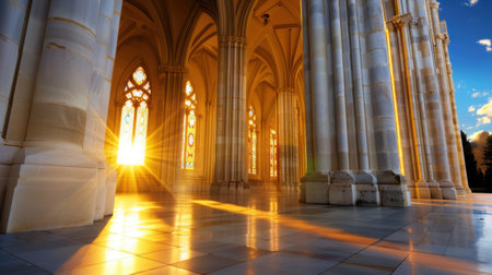 A breathtaking interior view of a grand cathedral featuring stunning stained glass windows. Sunlight pours in, highlighting the architectural beauty and warm tones.の素材