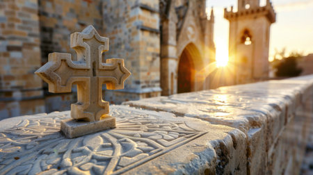 A beautifully crafted stone cross rests on a detailed wall, set against stunning Gothic architecture and a warm sunset, evoking tranquility.の素材