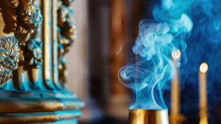 A close-up image capturing mystical smoke rising from a gold vessel, complemented by softly glowing candles, creating a tranquil ambiance in a serene indoor setting.の素材
