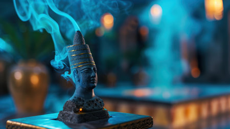 A striking incense holder featuring an intricate ancient sculpture exudes serene smoke, creating a tranquil atmosphere with soft blue lighting.の素材