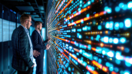 Two business professionals engage with dynamic data visualizations on a digital wall, illustrating collaboration and advanced analysis in a modern workspace environment.の素材