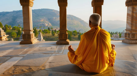 A monk engaged in meditation at a temple overlooks a breathtaking landscape at sunrise. This serene scene captures the essence of tranquility, spirituality, and nature's beauty.の素材
