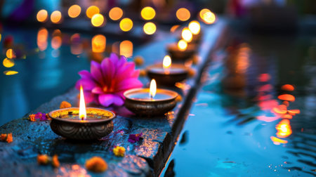 Capture the essence of celebration with beautifully lit diyas floating gracefully on water, surrounded by colorful bokeh lights and a pink flower.の素材