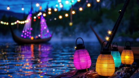 Delight in the enchanting scene of colorful lanterns reflecting on calm water, surrounded by soft twinkling lights and a hint of mist. This image captures a vibrant celebration atmosphere, perfect for evoking a sense of tranquility and beauty.の素材